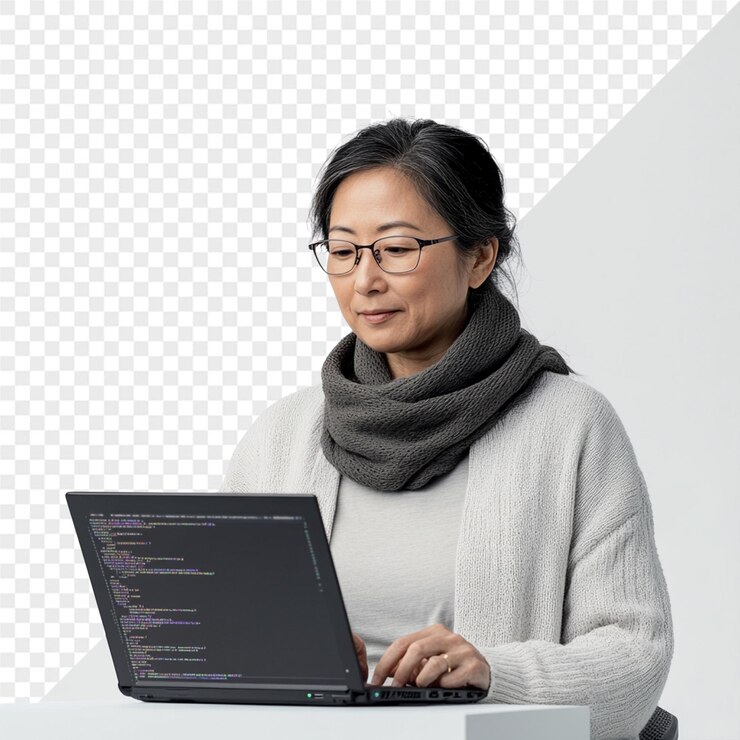PSD a woman is using a laptop with the word code on it