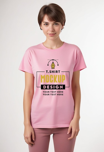 a woman is wearing a pink t - shirt that says t - shirt