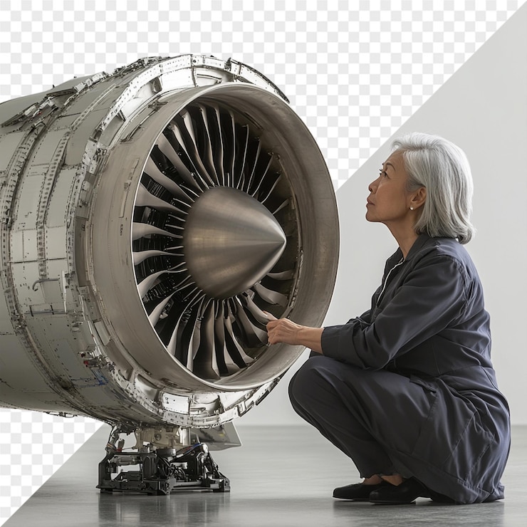 PSD a woman is working on an airplane with the engine open