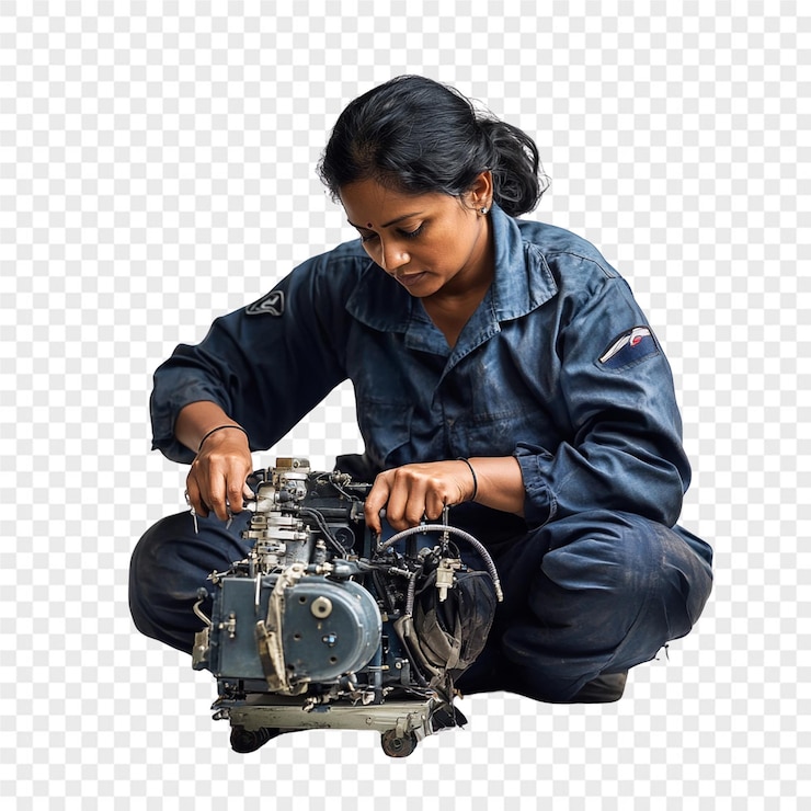 PSD a woman is working on an engine that is made by a company