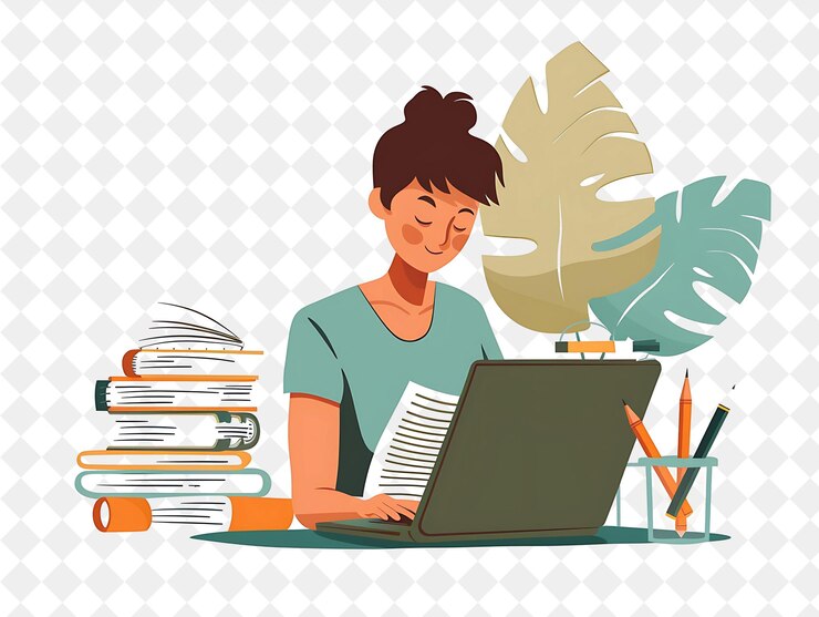 PSD a woman is working on a laptop with a laptop and a stack of books