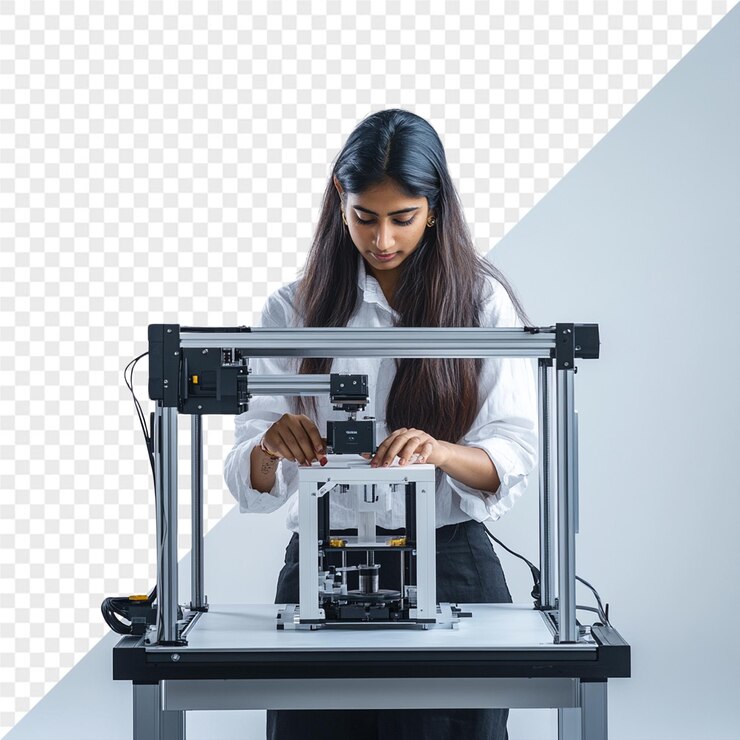 PSD a woman is working on a robot made by a robot