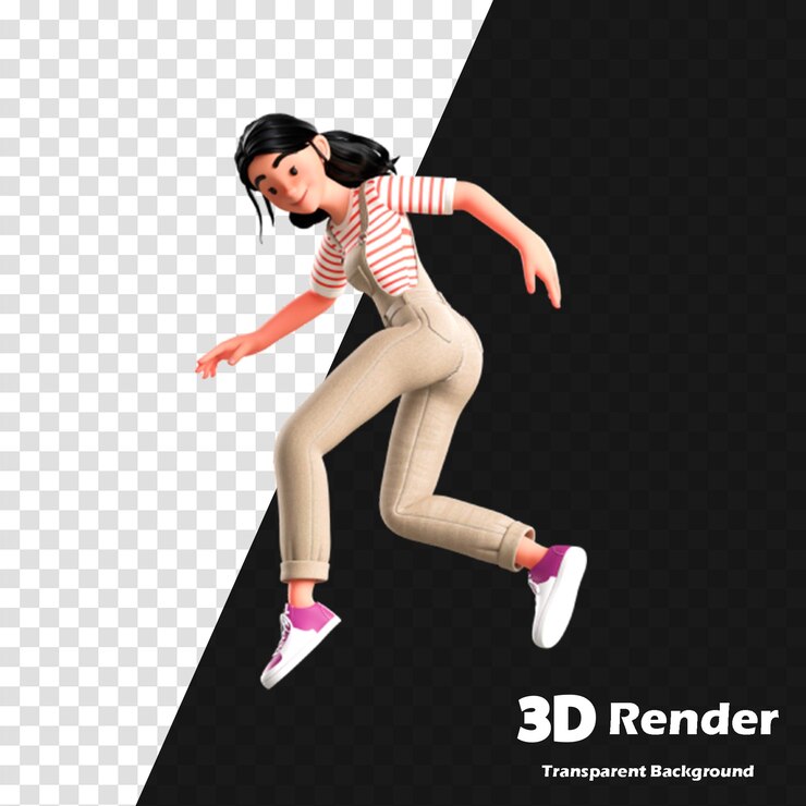 PSD женщина прыгает в воздух с 3d-изображением женщины, прыгающей