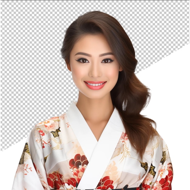 PSD una donna in kimono con una camicia a fiori rossi