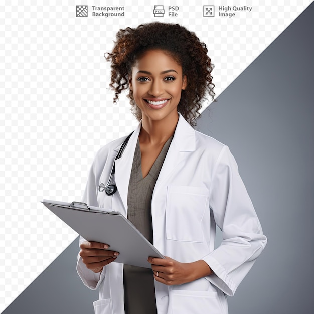 PSD a woman in a lab coat is holding a clipboard with the words 