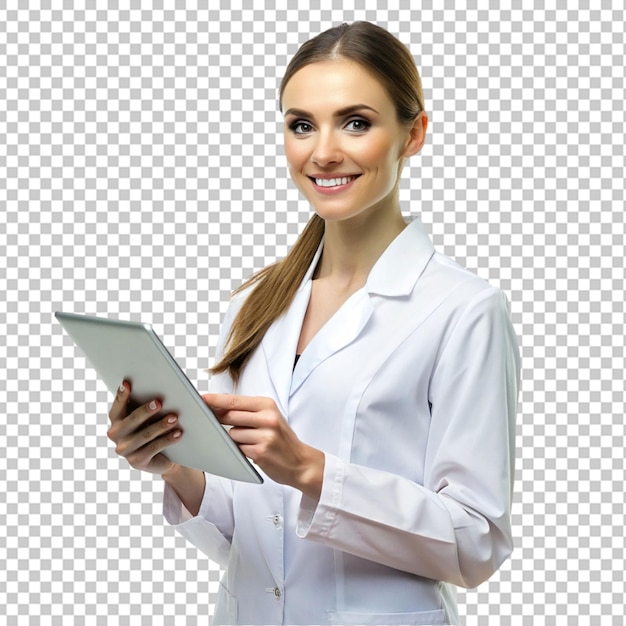 a woman in a lab coat is holding a tablet