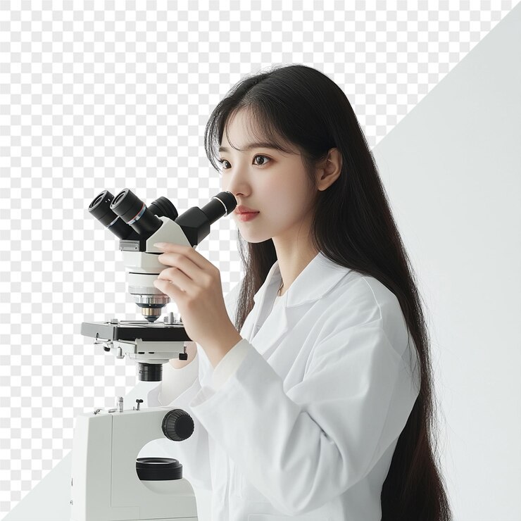 PSD 실험실 코트 를 입은 여자 가 현미경 을 통해 보고 있다