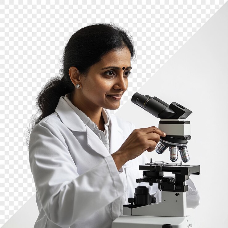 PSD a woman in a lab coat is looking through a microscope