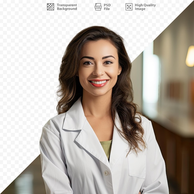 A woman in a lab coat stands in front of a screen that says 
