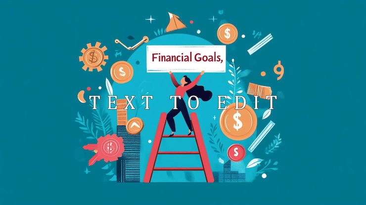 PSD woman on ladder holding financial goals sign surrounded by coins and financial growth icons