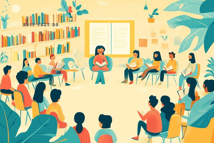 PSD woman leads book club discussion in library