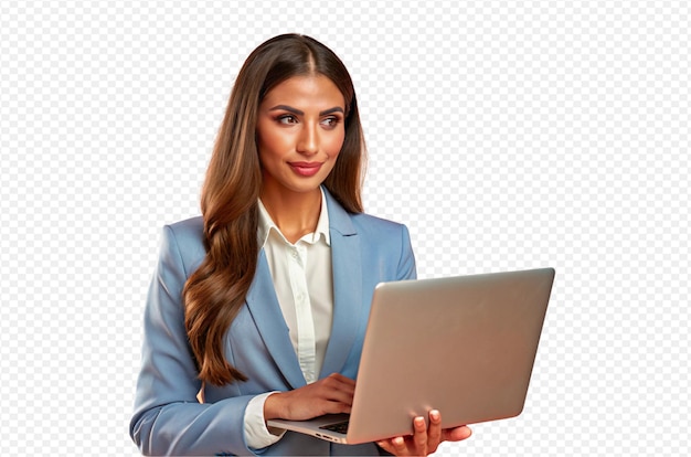 woman long dark hair suit blouse using laptop standing pose confident expression