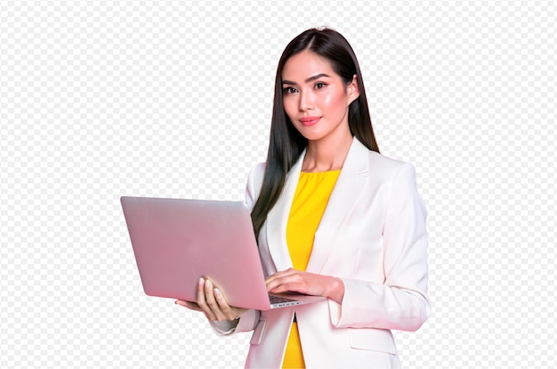 woman long dark hair suit blouse using laptop standing pose confident expression