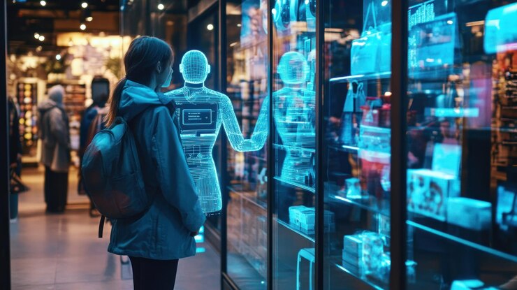 PSD woman looking at holographic display in modern store