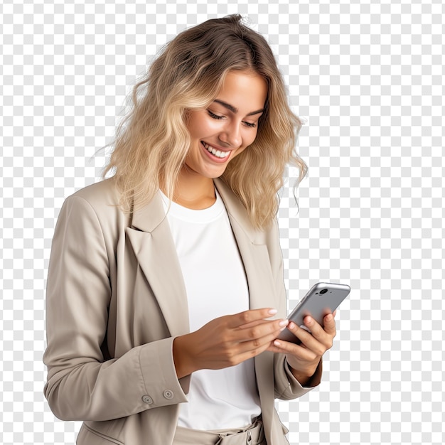 PSD a woman looking phone with smile on transparency background psd