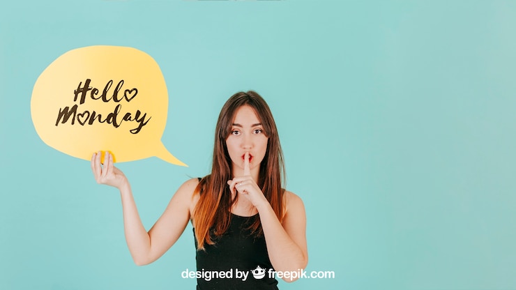 PSD woman making quiet sign with speech bubble mockup