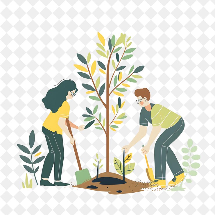 PSD a woman and a man digging in a garden