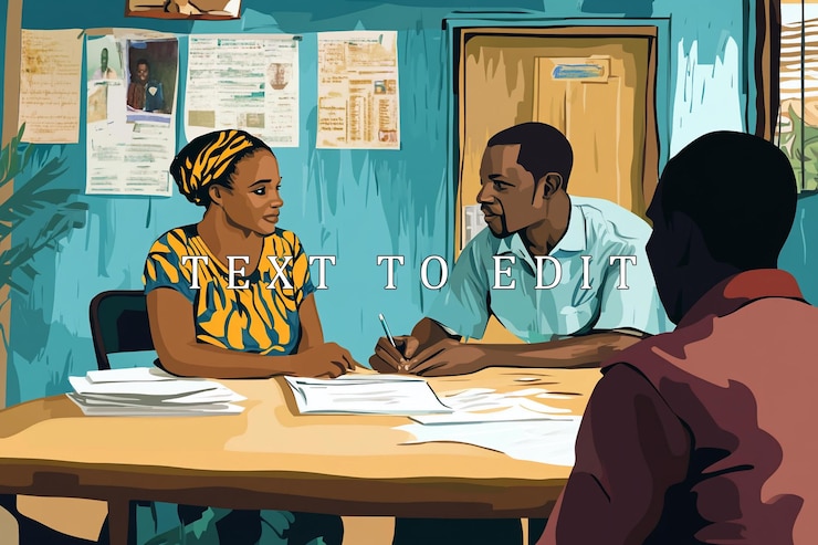 PSD woman and man discuss paperwork at a desk with a third person