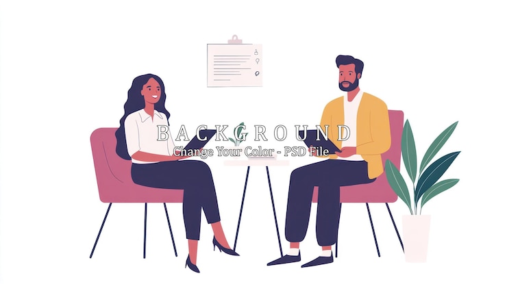 PSD a woman and a man sitting in chairs facing each other and looking at tablets in their hands with a plant and a clipboard on the wall