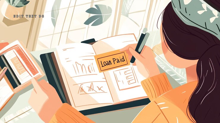 PSD woman marking loan paid in planner celebrating debt freedom