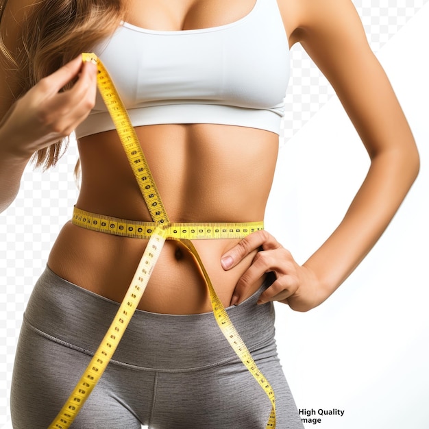 PSD woman measures the waist with a yellow tape diet fitness concept