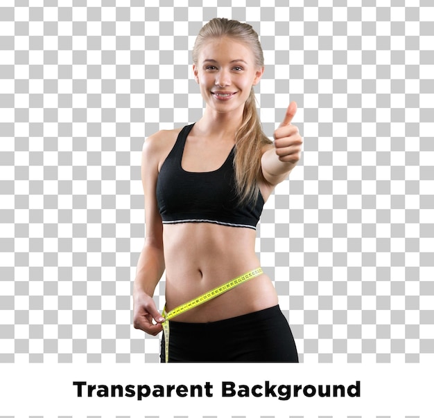 woman measuring her waist showing a thumbs-up for fitness and weight loss