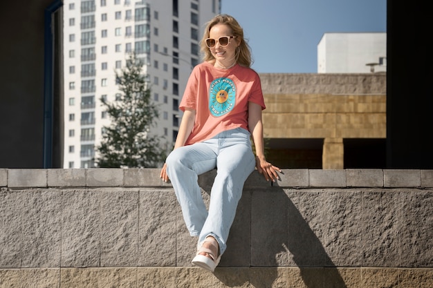 Woman modeling fashion mockup on wall