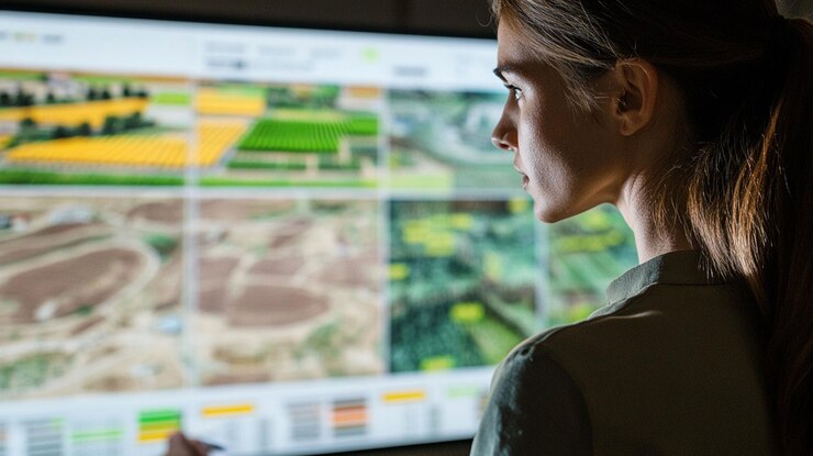 PSD woman monitoring agricultural fields on a large screen
