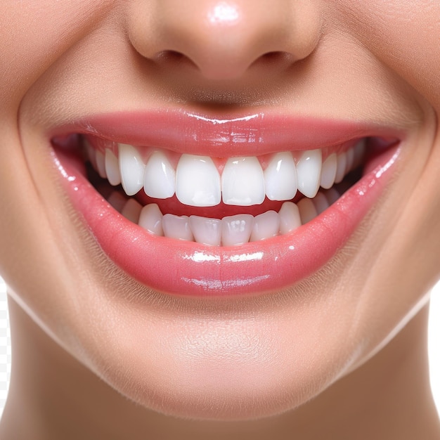 La donna bocca e denti con denti e sorriso felicità con bellezza e igiene orale isolato su sfondo bianco isolato salute benessere e felice modello femminile ortodonzia e labbra con lucentezza