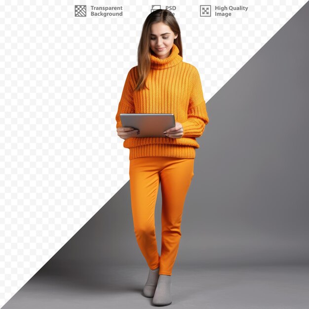 PSD a woman in an orange jumpsuit stands in front of a screen that says 