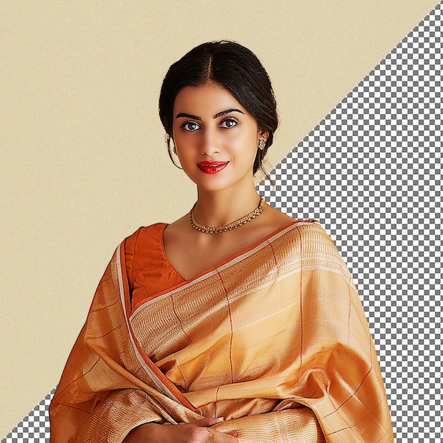 a woman in an orange sari with a gold necklace