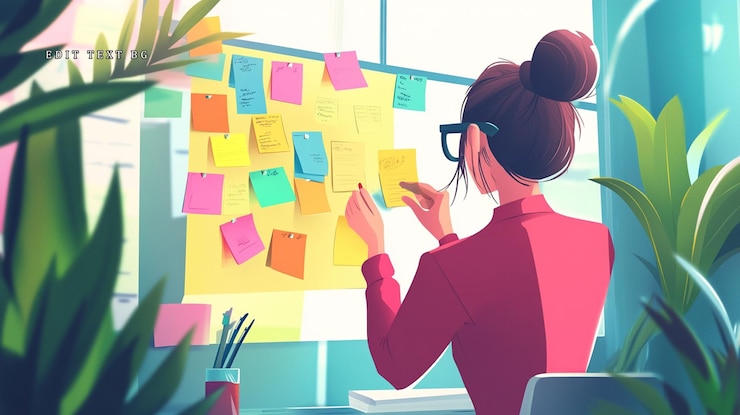 PSD woman organizing sticky notes on a board in her office