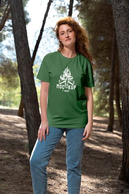 PSD woman outdoors wearing t-shirt mock-up