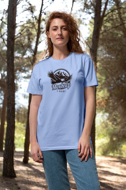 Woman outdoors wearing t-shirt mock-up