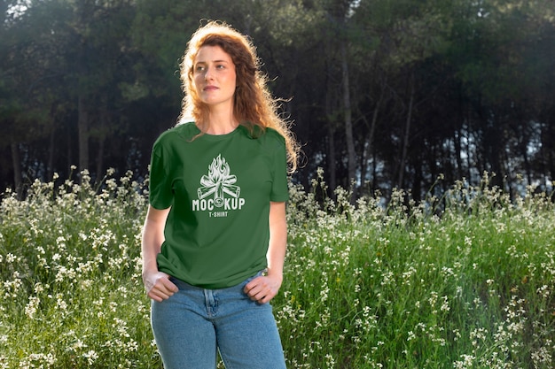 PSD woman outdoors wearing t-shirt mock-up