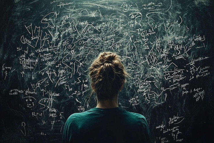PSD woman overwhelmed by complex equations and formulas written on a chalkboard