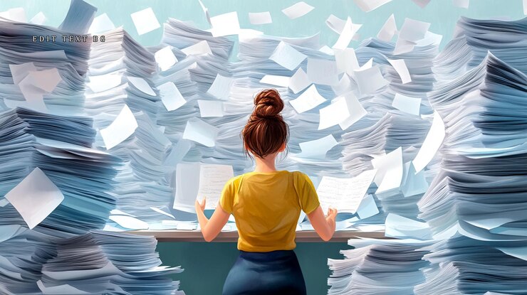 PSD woman overwhelmed by massive paperwork facing a huge stack of documents