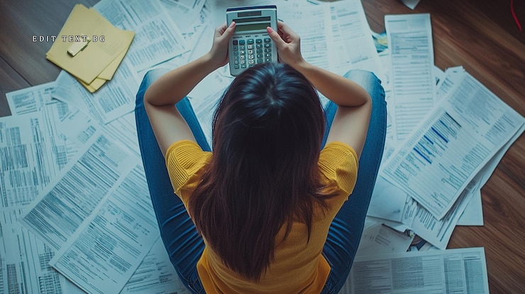 PSD woman overwhelmed by paperwork and bills calculating expenses on calculator