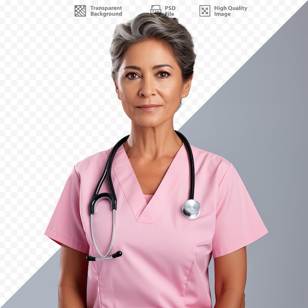 a woman in a pink shirt with a stethoscope on it.