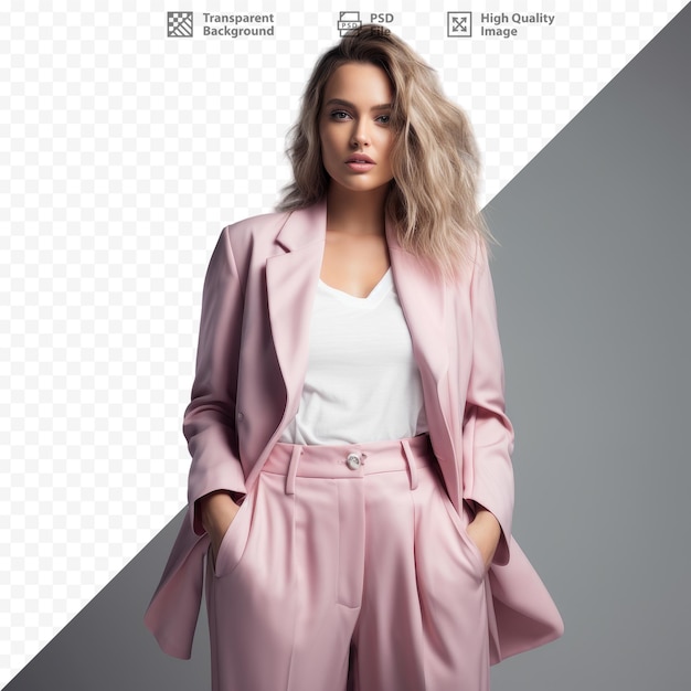 PSD a woman in a pink suit stands in front of a grid that says 