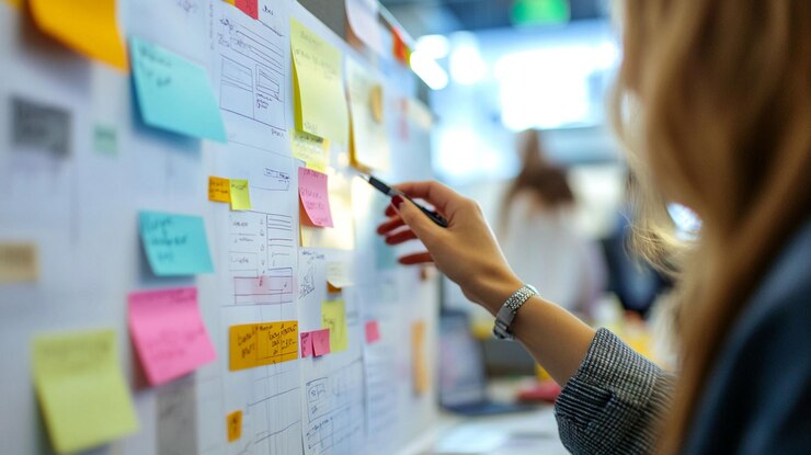 PSD woman planning project on whiteboard with sticky notes