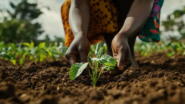 woman planting young pepper plant in a garden