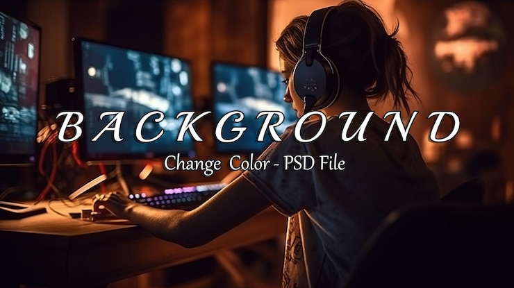 PSD woman playing on computer with headphones