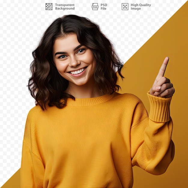 A woman pointing to the right with a yellow sweater.