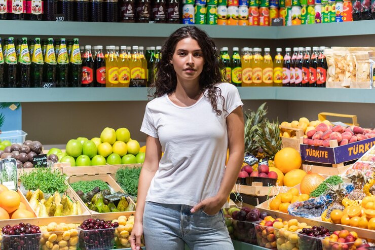 PSD woman posing in a fruit and grocery store
