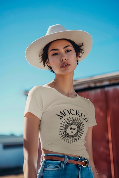 Woman posing in western clothes mockup