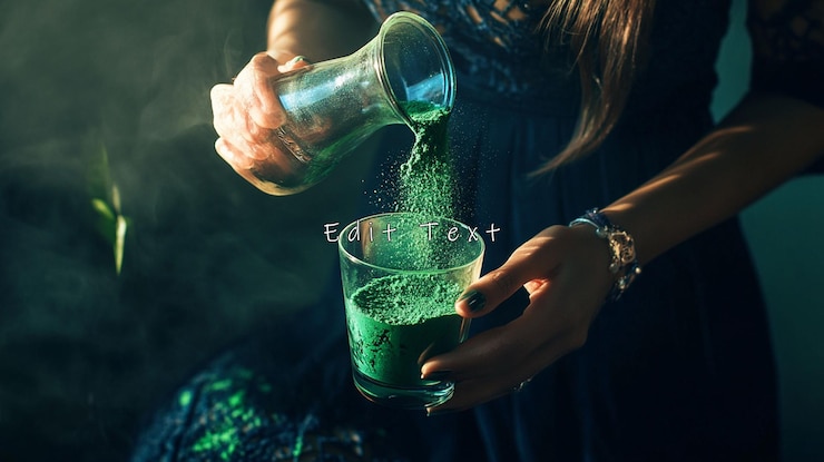 PSD woman pouring green powder into glass