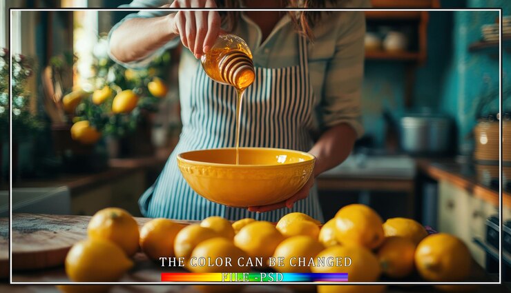 PSD a woman pouring honey into a bowl with lemons in the background