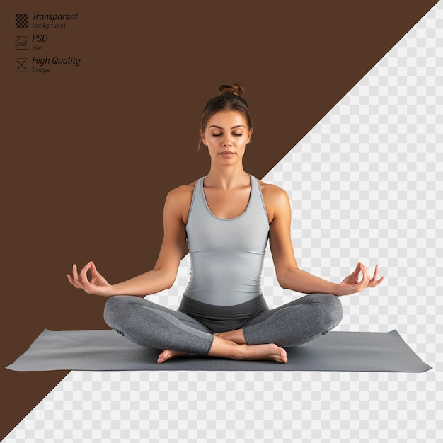 PSD woman practicing meditation on a yoga mat with a transparent background