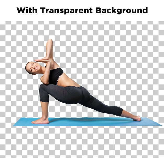 Woman practicing yoga on a blue mat isolated on a transparent background